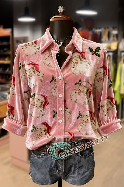 Cute Christmas Santa Print Velvet Top