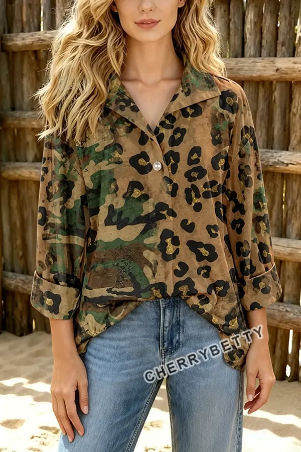 Vintage Leopard Camouflage Print Striped Collar Three Quater Sleeve Blouse