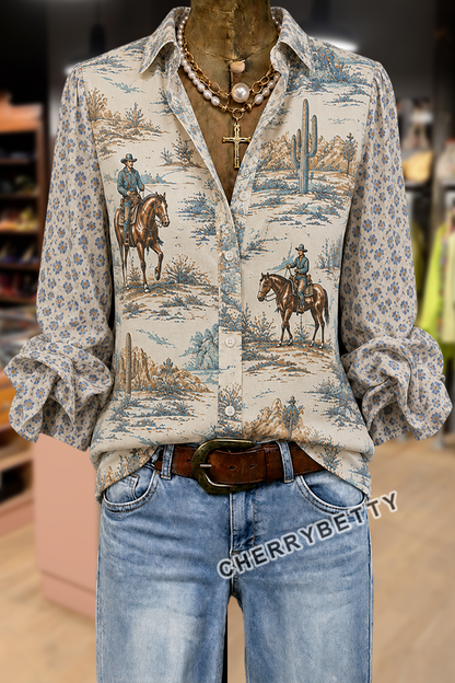 Western Cowboy Print Leopard  Collar Ruffle Sleeve Blouse