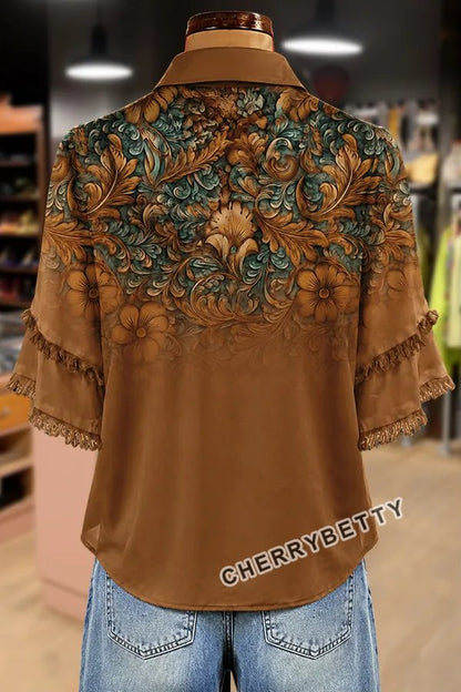 Vintage Floral Print Collard Flared Cuffs Frayed Hem Blouse