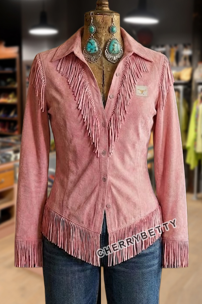 Western Tassel Design Long Sleeve Suede Shirt