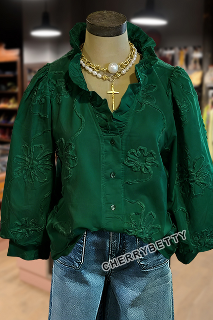 Embroidered Flower Ruffle Neck Puff Sleeve Top
