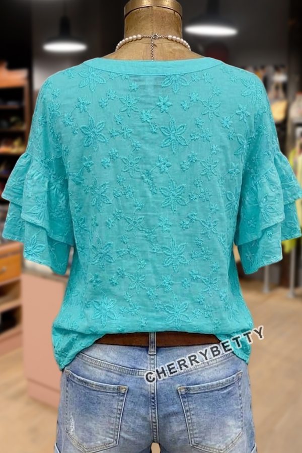 Elegant Flower Embroidered Button Up Ruffle Sleeve Top