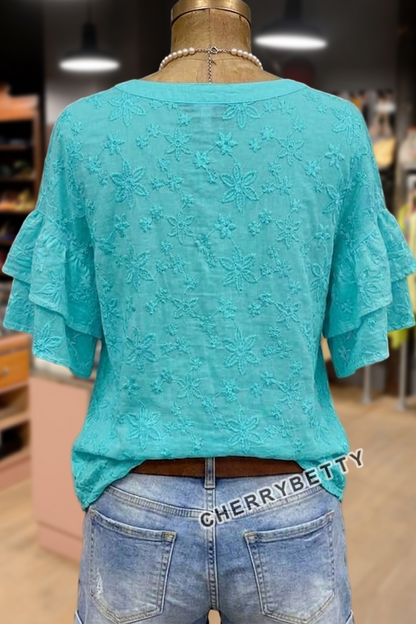 Elegant Flower Embroidered Button Up Ruffle Sleeve Top