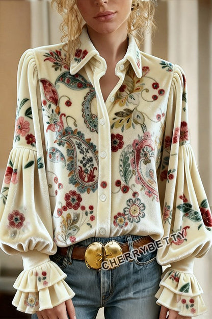 Retro Paisley Print Lantern Sleeve Velvet Top