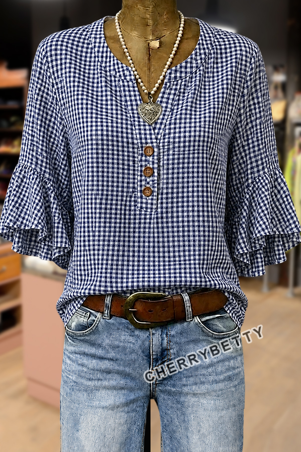 Classic Gingham Notch Neck Ruffle Sleeve Cotton Top