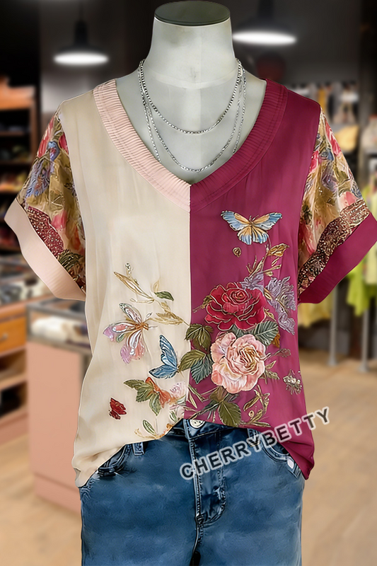 Vintage Floral Print V-Neck Ribbed T-Shirt