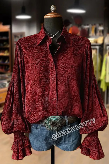 Vintage Floral Print Lantern Sleeve Velvet Top