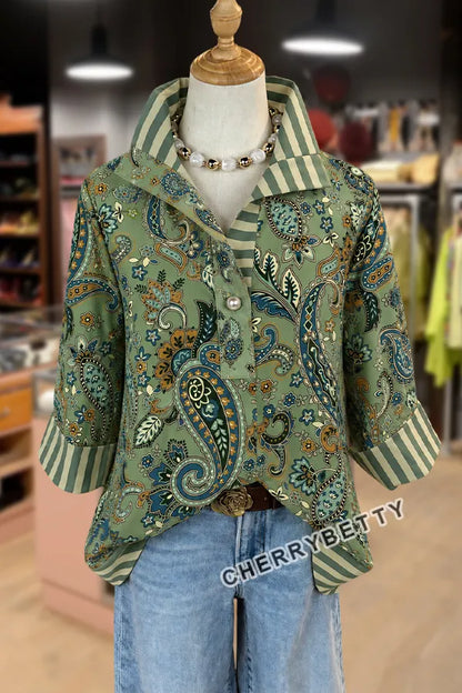 Retro Paisley Print Sriped Collar Blouse