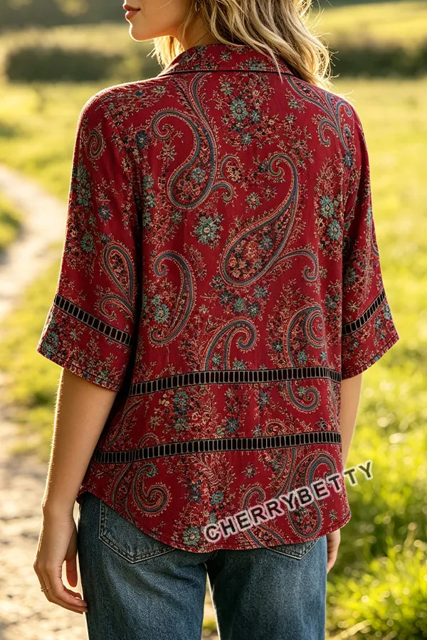 Retro Paisley Print Hollow Out Collared Top