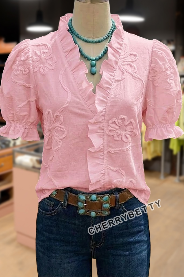 Flower Embroidered Ruffle Neck Puff Sleeve Cotton Top