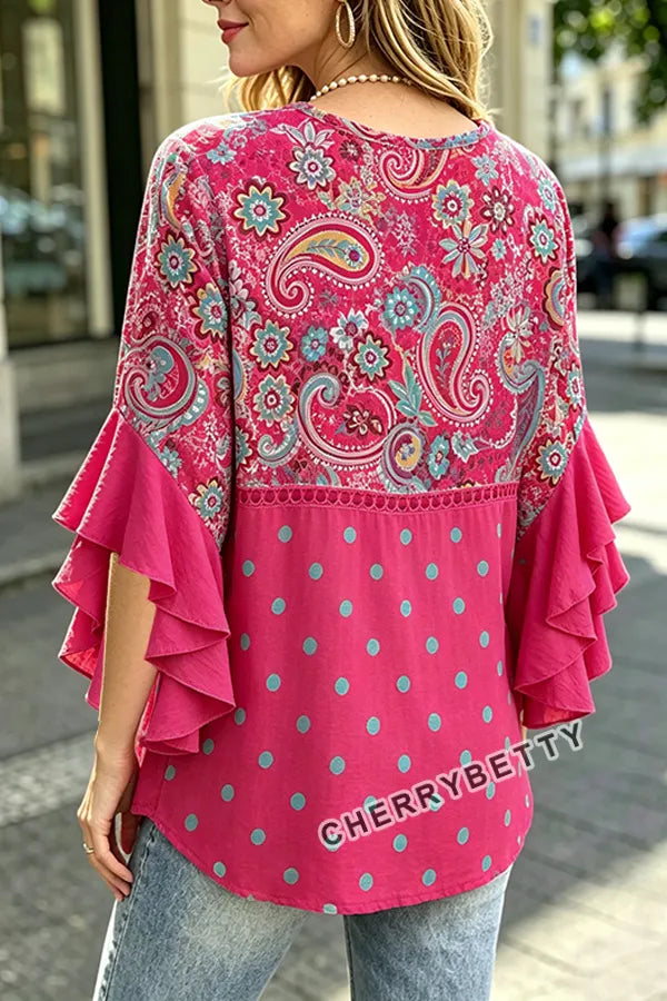 Vintage Paisley Print V-Neck Hollow Out Top