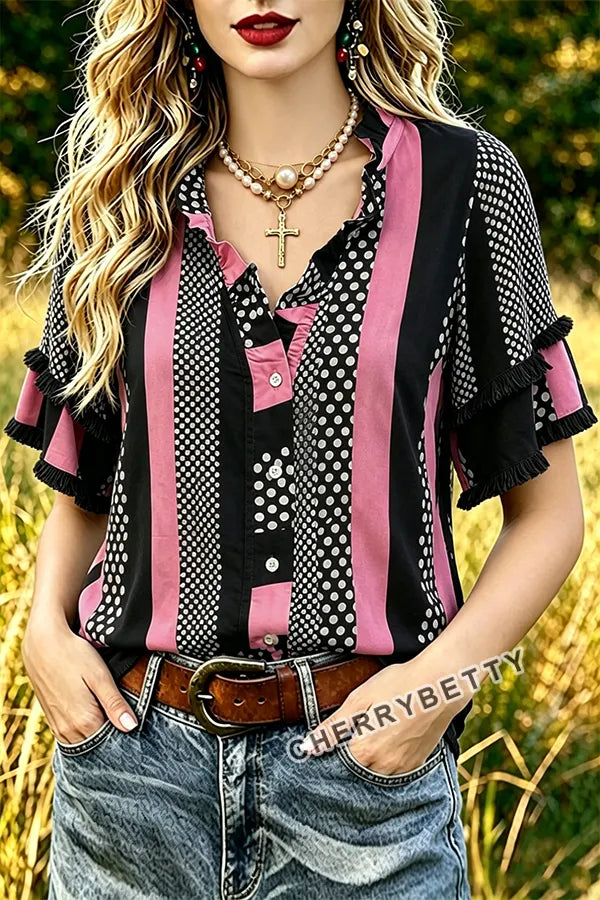 Mixed Polka Dot Print Ruffle Neck Frayed Hem Top