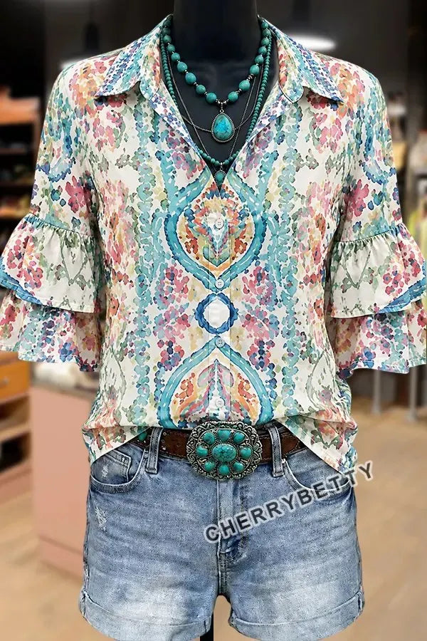 Colorful Floral Print Collared Ruffle Sleeve Top