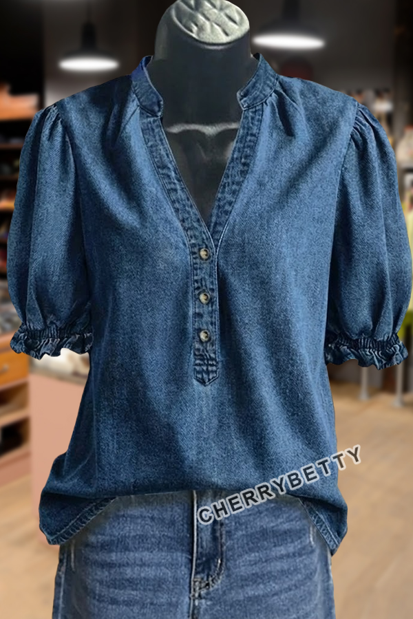 Solid V-Neck Puff Sleeve Denim Top