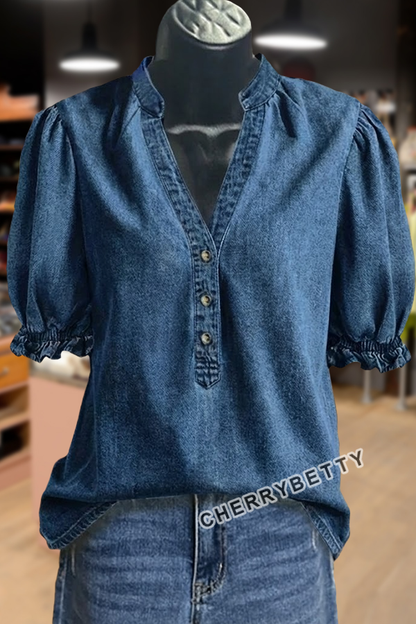Solid V-Neck Puff Sleeve Denim Top