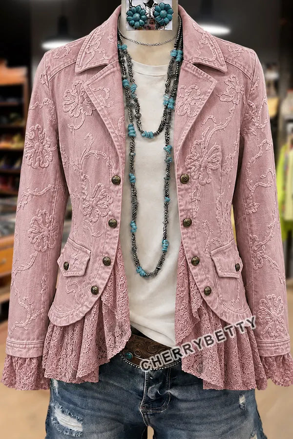 Elegant Flower Embroidered Lace Patch Cotton Jacket