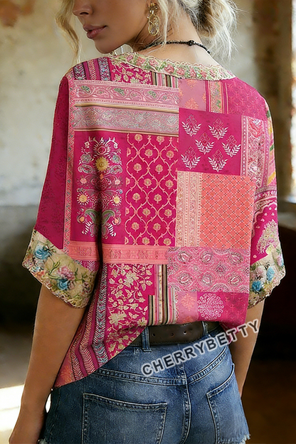 Mixed Floral Print V-Neck Blouse