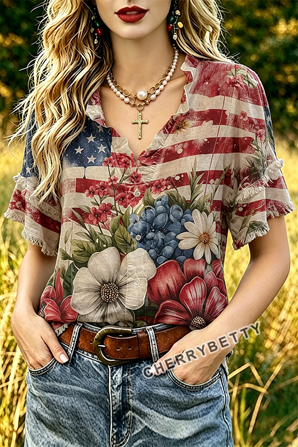 Mixed American Flag Floral Print Frayed Hem Top