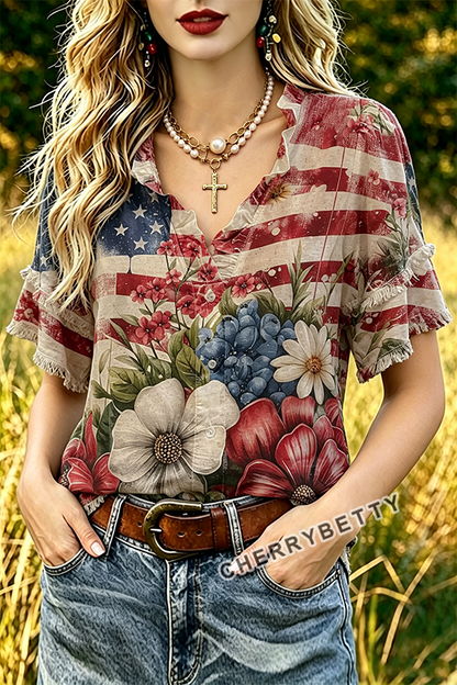 Mixed American Flag Floral Print Frayed Hem Top