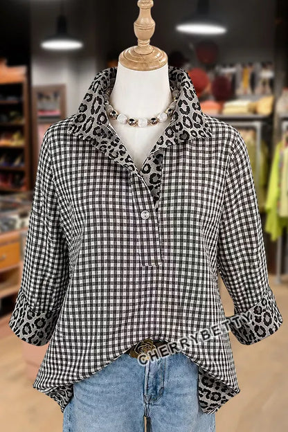Classic Gingham Pattern Leopard  Collar Three Quater Sleeve Blouse