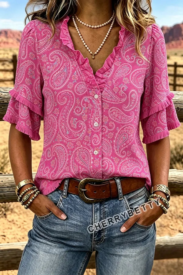 Vintage Paisley Print Ruffle Neck Frayed Hem Top
