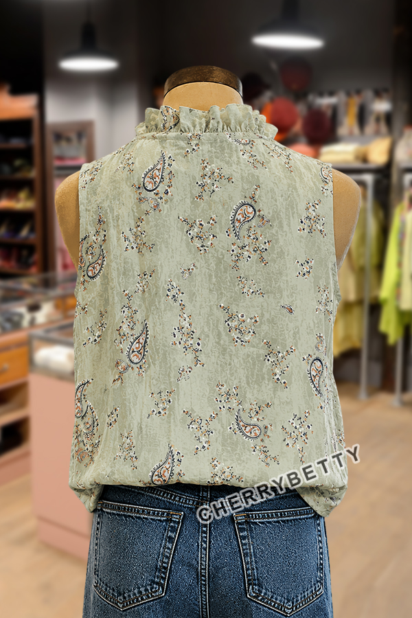 Bohemian Paisley Print Ruffle Neck Sleeveless Tank Top