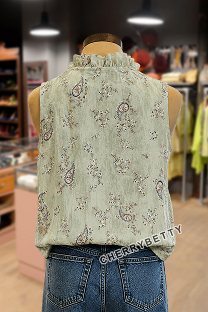 Bohemian Paisley Print Ruffle Neck Sleeveless Tank Top