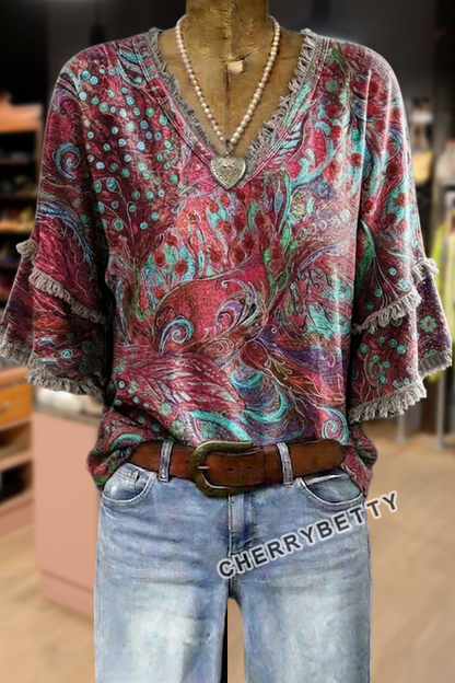 Vintage Paisley Print V-Neck Frayed Hem Top