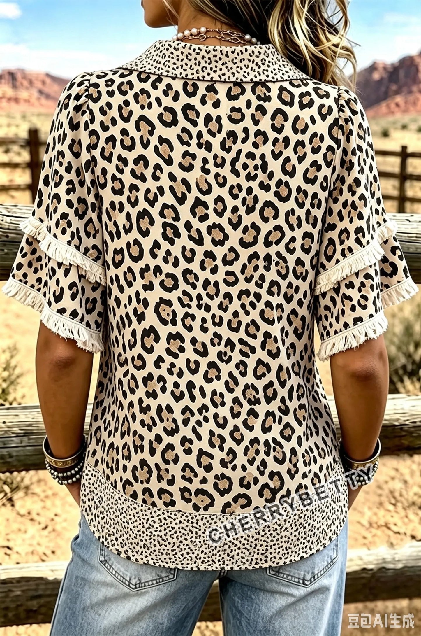 Vintage Leopard Print Collared Fringe Trim Top