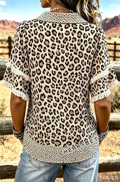 Vintage Leopard Print Collared Fringe Trim Top