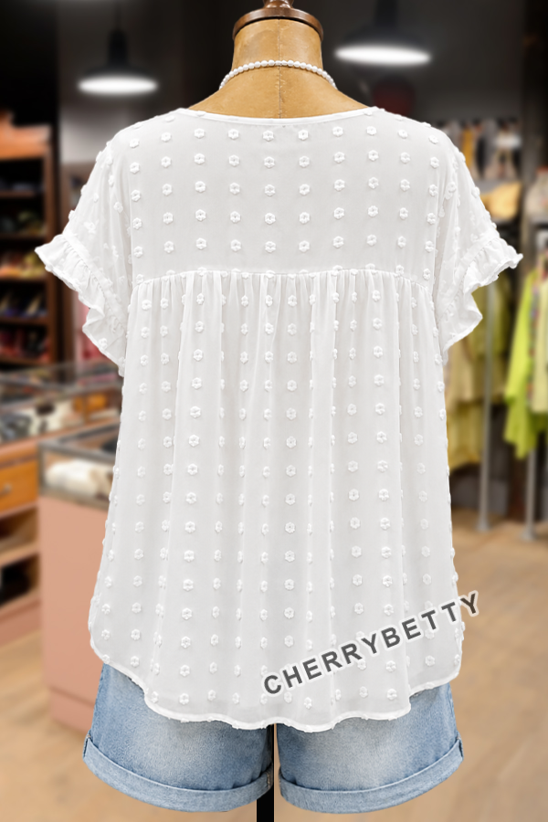 Casual Dot Jacquard V-Neck Ruffle Sleeve Top
