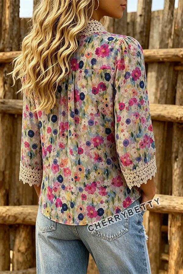 Abstract Floral Print Lace Patch Three Quater Sleeve Top