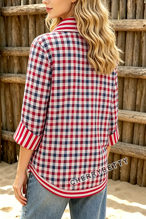 Classid Patriotic Gingham Pattern Striped Collar Three Quater Sleeve Blouse