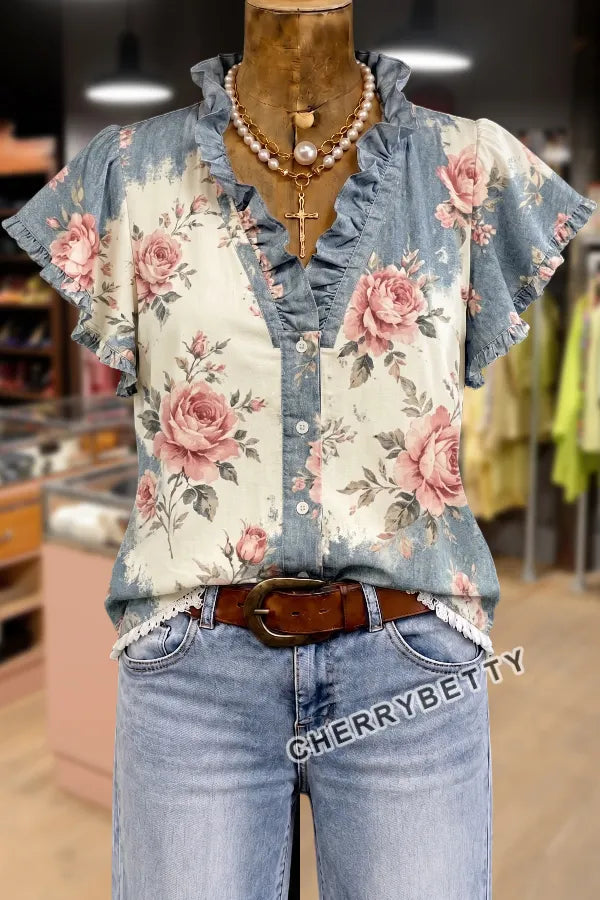 Vintage Rose Print Ruffle Neck Frayed Hem Top