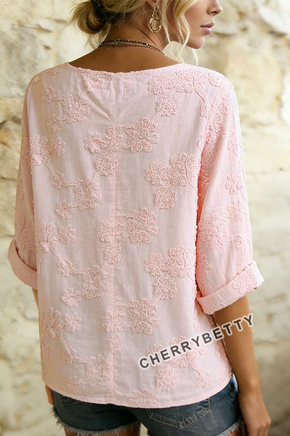 Vintage Floral Embroidered Notch Neck Half Sleeve Cotton Blouse