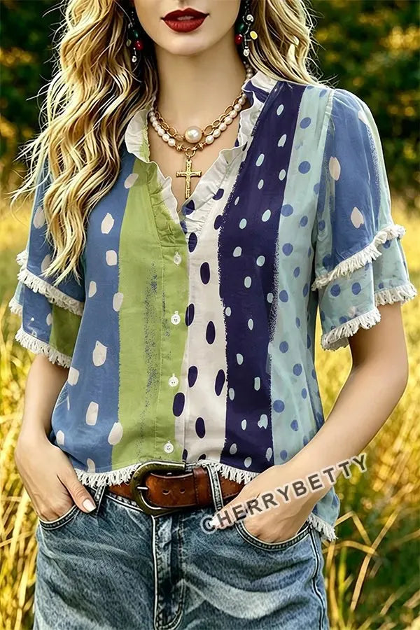 Mixed Polka Dot Print Ruffle Neck Frayed Hem Top
