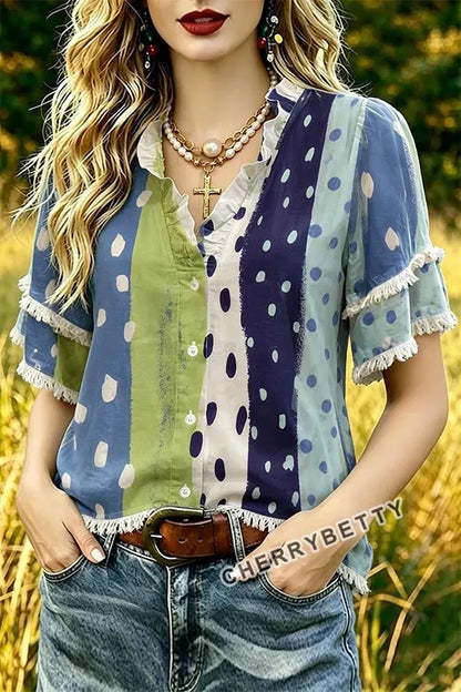 Mixed Polka Dot Print Ruffle Neck Frayed Hem Top