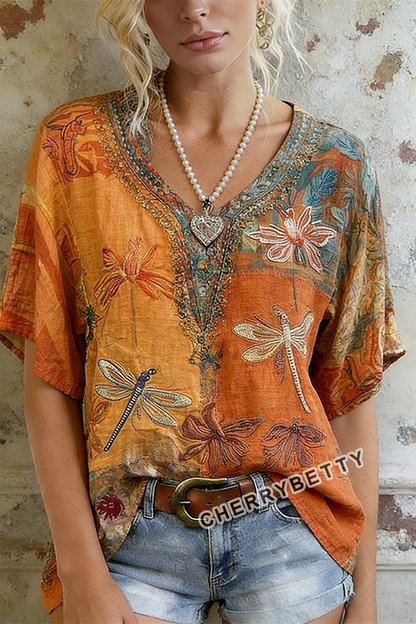 Retro Floral Embroidered V-Neck Cotton Blouse