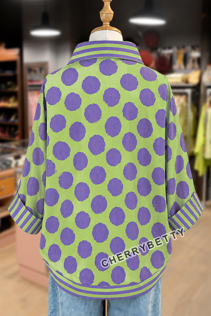 Colorful Polka Dot Print Striped Collar Blouse