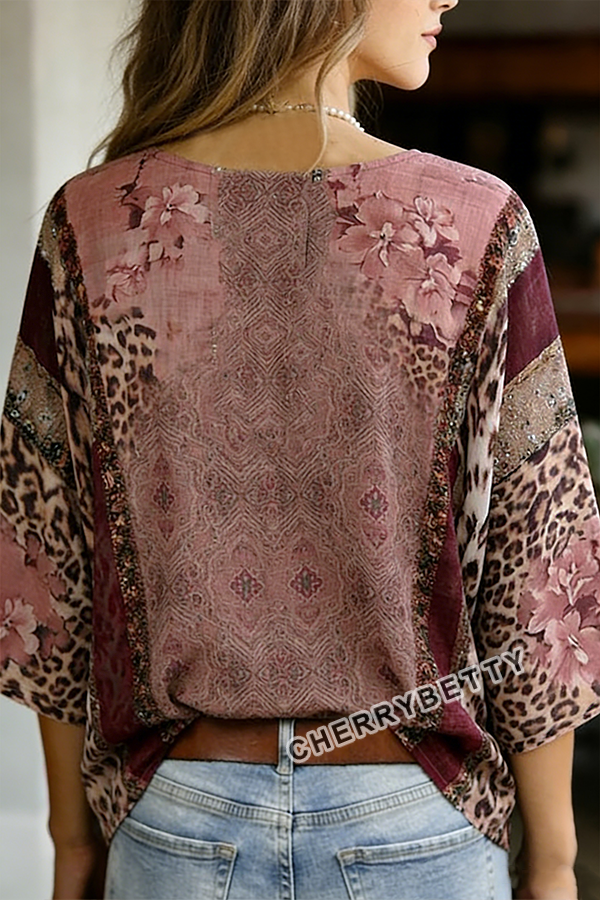 Retro Leopard Flower Print V-Neck Top
