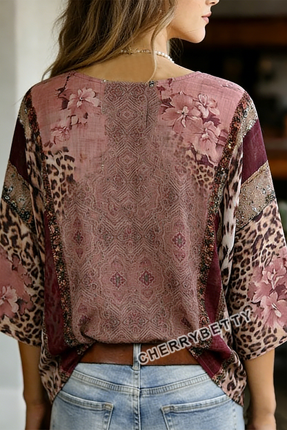 Retro Leopard Flower Print V-Neck Top