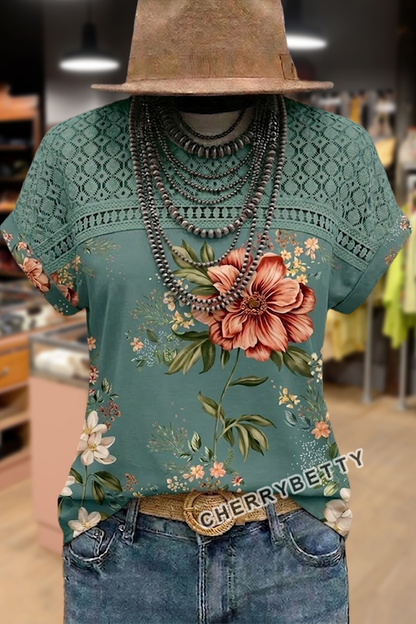 Spring Floral Print Hollow Out Top