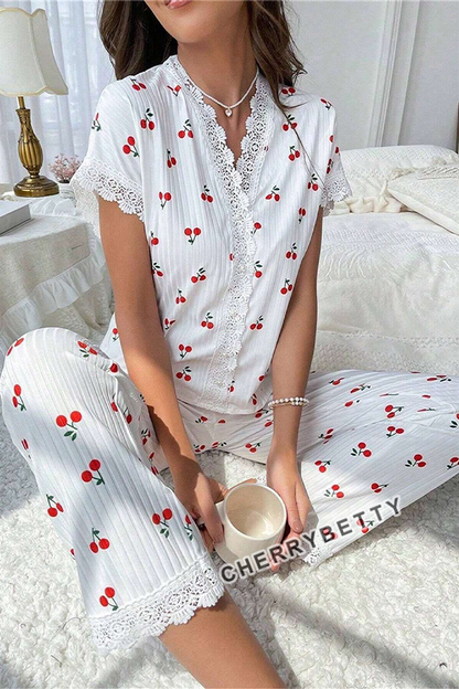 Cute Heart Print Lace Trim Cozy Pajama Set
