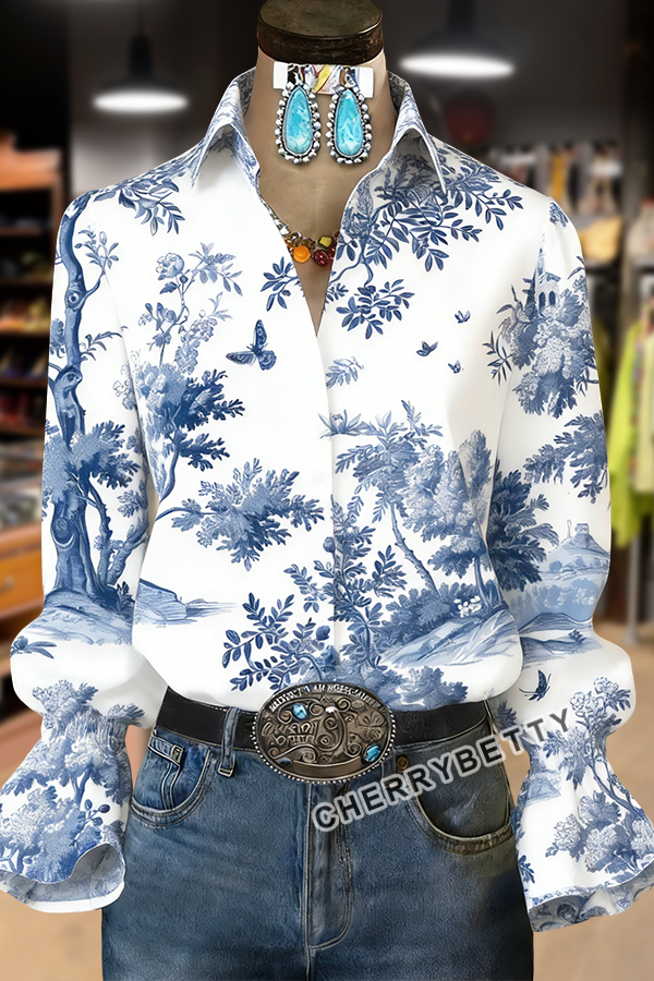 Retro Tolie Print Flared Cuffs Blouse