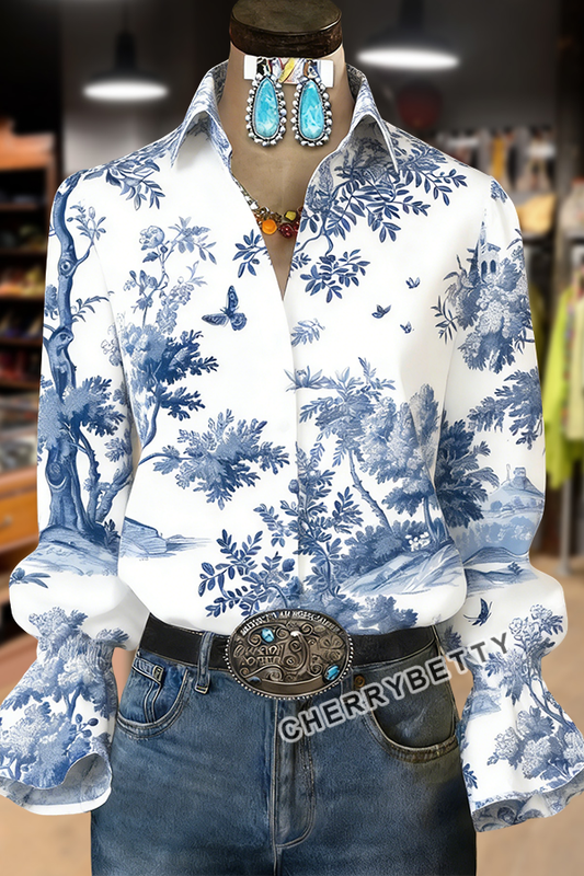Retro Tolie Print Flared Cuffs Blouse