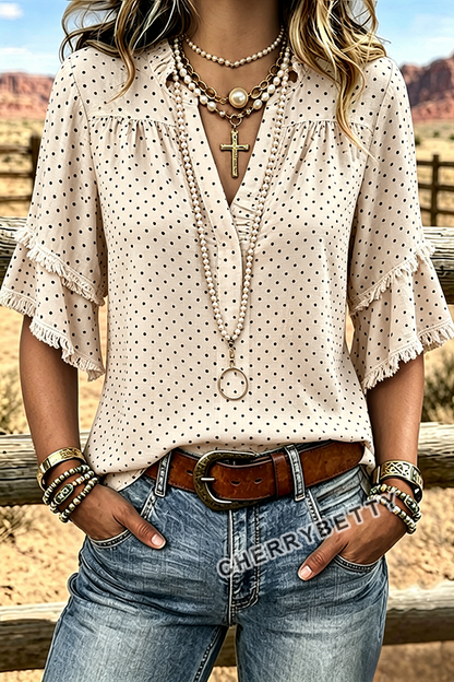 Classic Polka Dot Print Ruffle V-Neck Frayed Hem Top