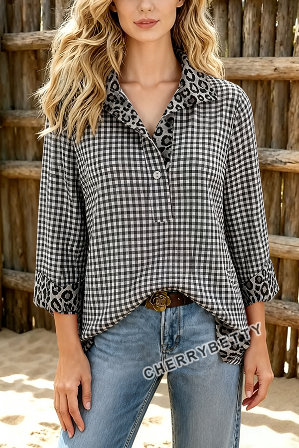 Classic Gingham Pattern Leopard  Collar Three Quater Sleeve Blouse