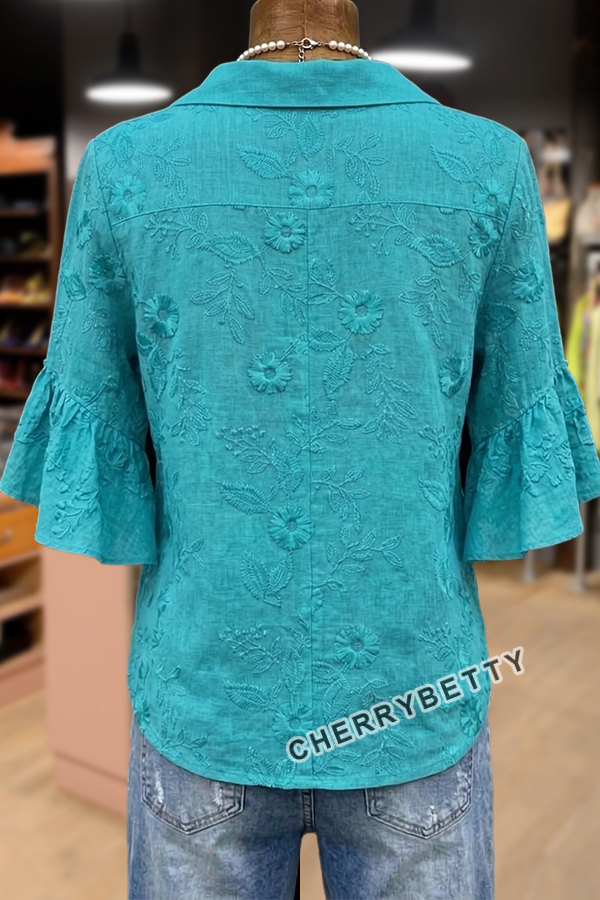 Vintage Flower Embroidered Ruffle Sleeve Cotton Top