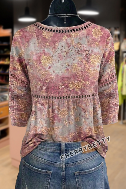Vintage Floral Print Hollow Out Top